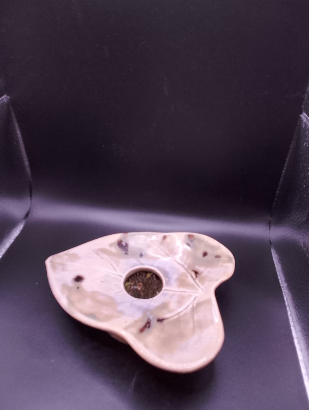 Ikebana Leaf Vase Pottery Signed DHe Spike Flower Frog VTG Midcentury MCM